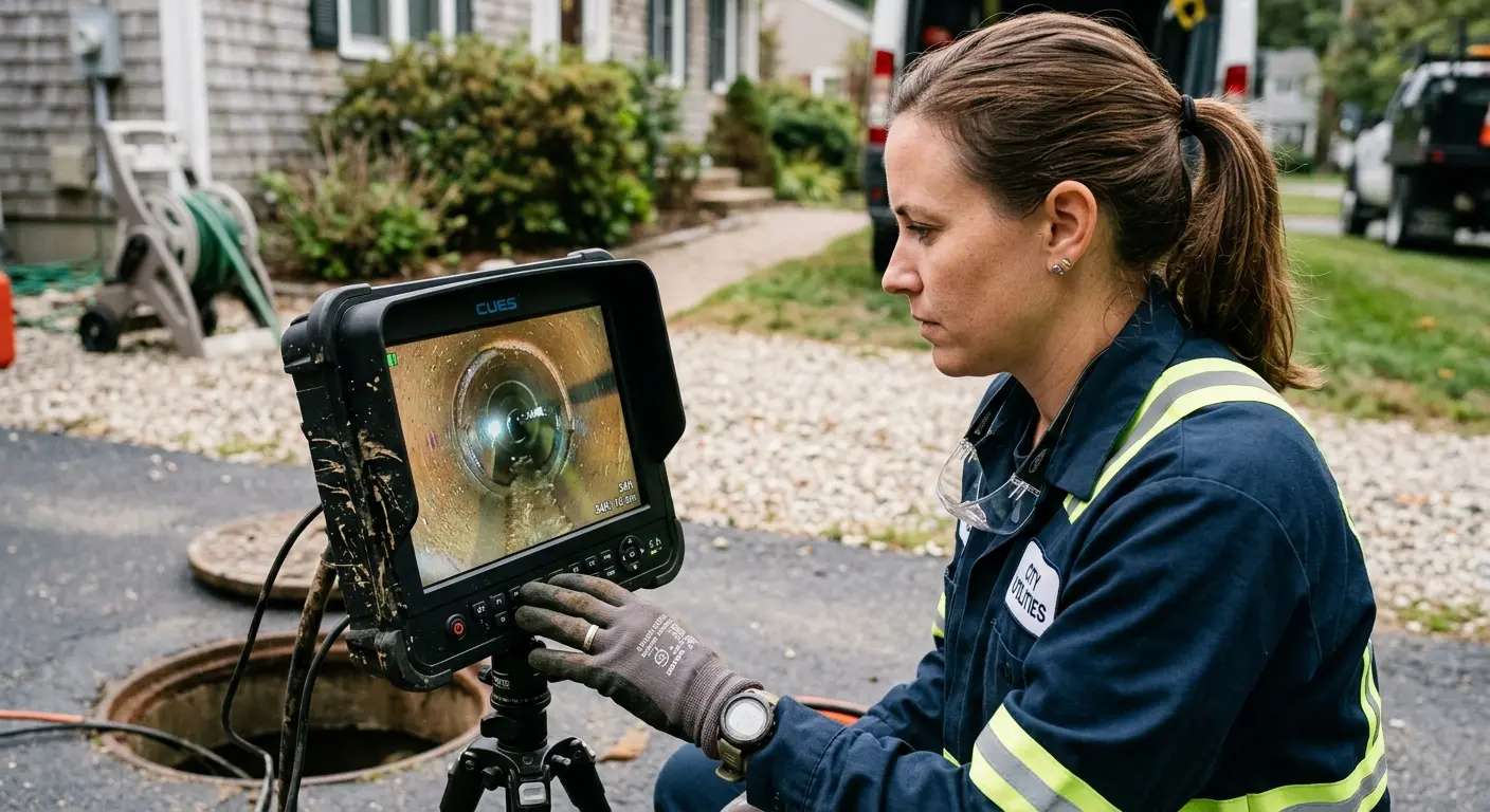 Technician reviewing sewer camera inspection footage in River Ridge