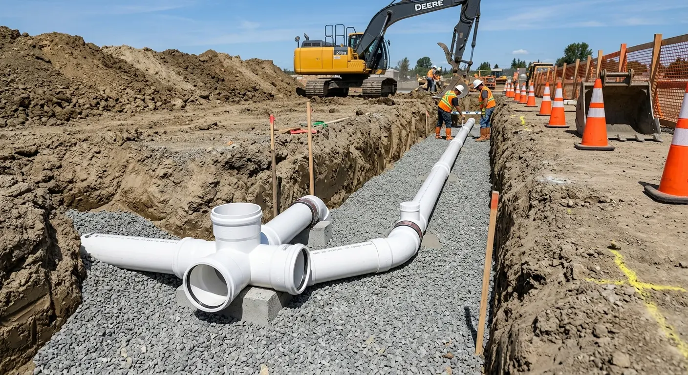 New PVC sewer pipe installation in open trench for Commercial Drain Cleaning in River Ridge